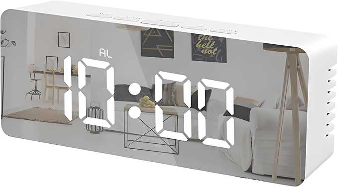 AuraGlow Digital Alarm Clock LED Mirror Display Snooze