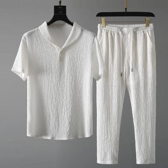 UrbanWear Men's Crinkled Co-Ord Set White - Casual Comfort