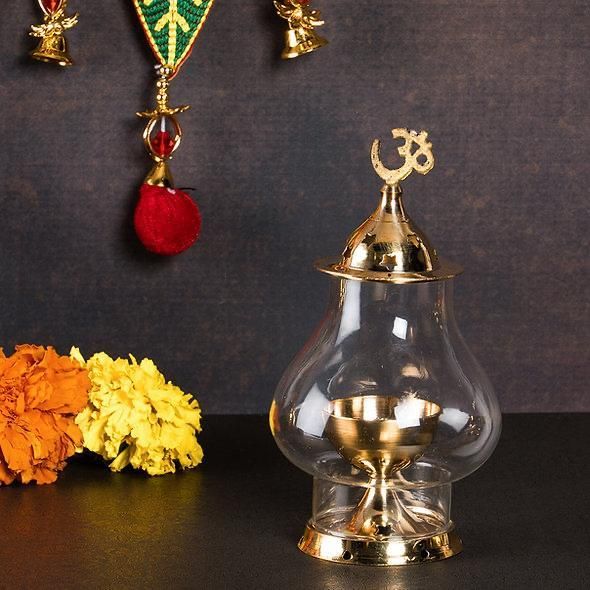 DivineCraft Brass Akhand Diya Borosilicate Glass Puja Lamp