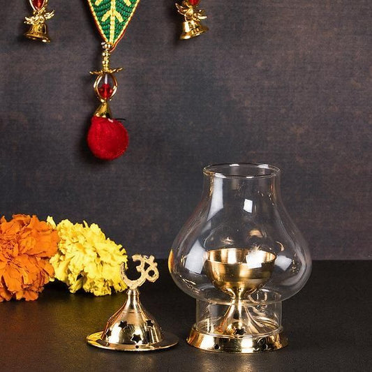 DivineCraft Brass Akhand Diya Borosilicate Glass Puja Lamp