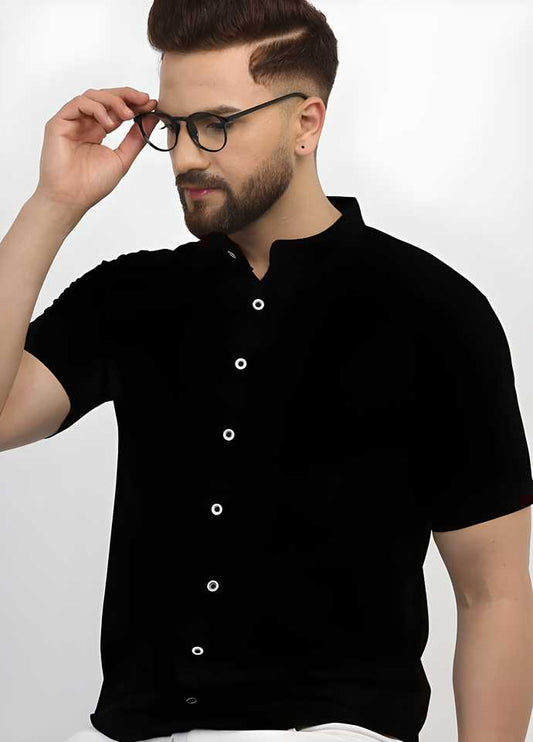 Cotton Blend Solid Half Sleeves Casual Shirt Slim Black