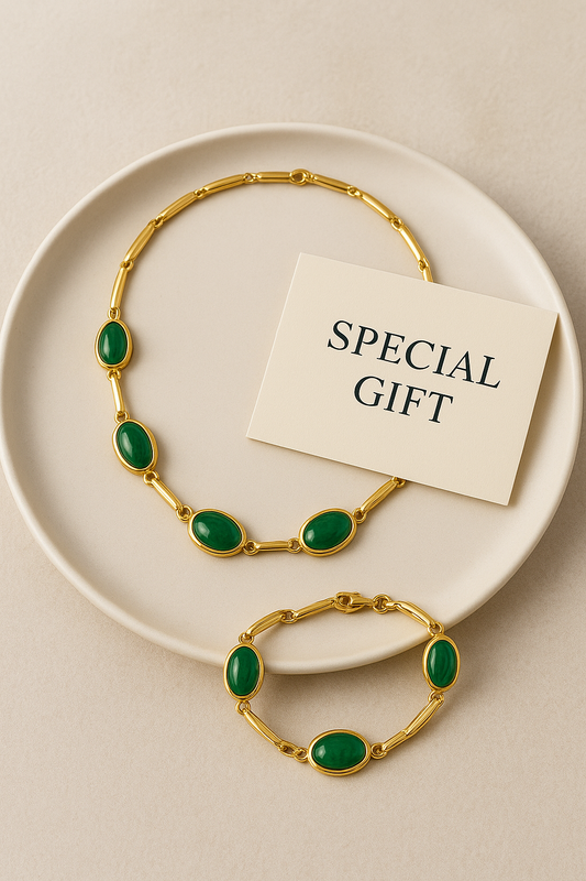 Oval Green Crystal Pendant Necklace Set With Bracelet